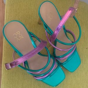 Purple & Green open toe heels (4 in) (gold heel)